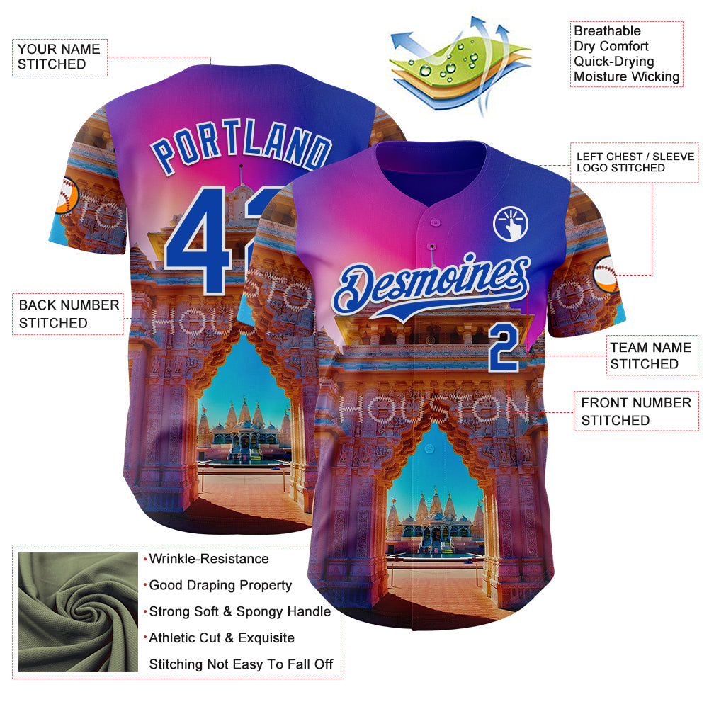 Custom Pink Thunder Blue Orange-White Houston Texas Hindu Temple Landmark City Symbol Authentic Baseball Jersey view 3