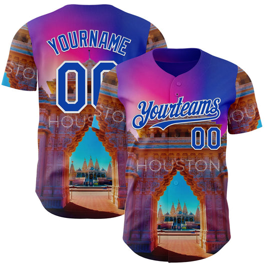 Custom Pink Thunder Blue Orange-White Houston Texas Hindu Temple Landmark City Symbol Authentic Baseball Jersey - Main View