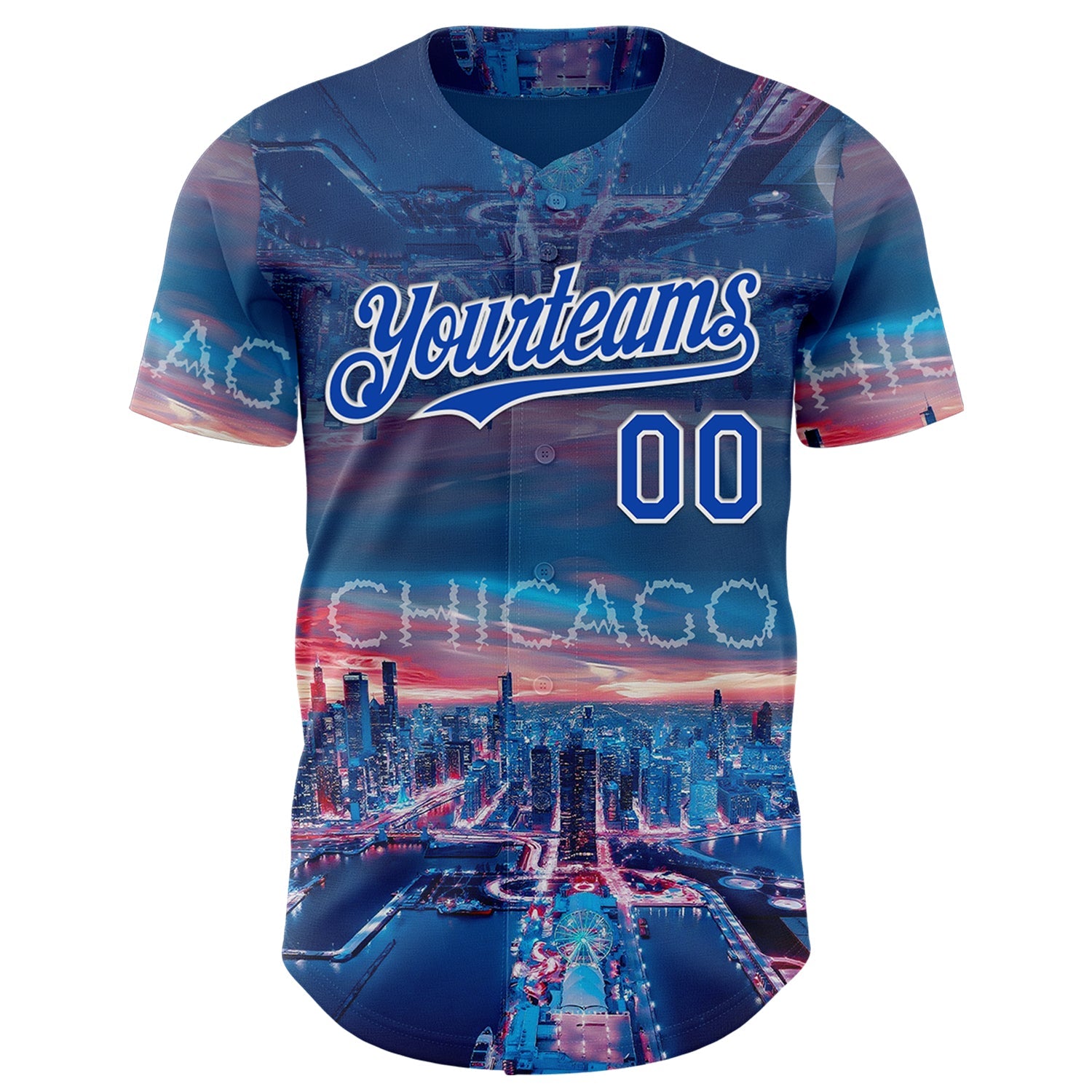 Custom Blue Thunder Blue-White Chicago Illinois Cityscape Skyline City Symbol Authentic Baseball Jersey view 2