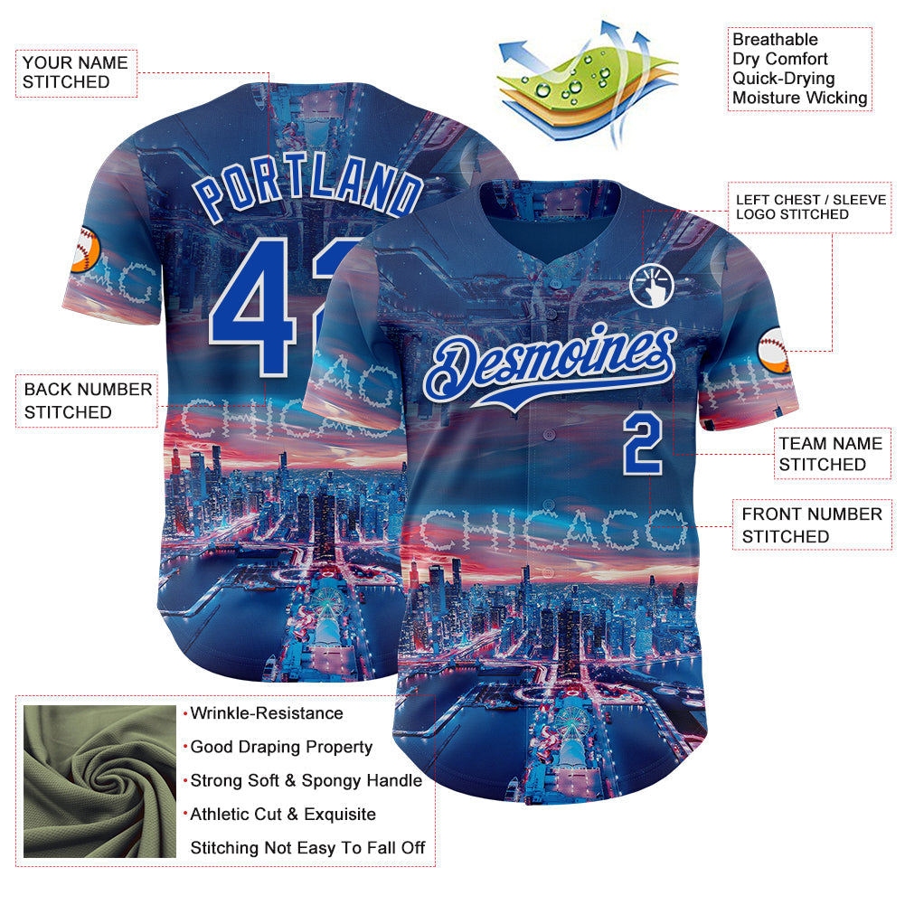 Custom Blue Thunder Blue-White Chicago Illinois Cityscape Skyline City Symbol Authentic Baseball Jersey view 3