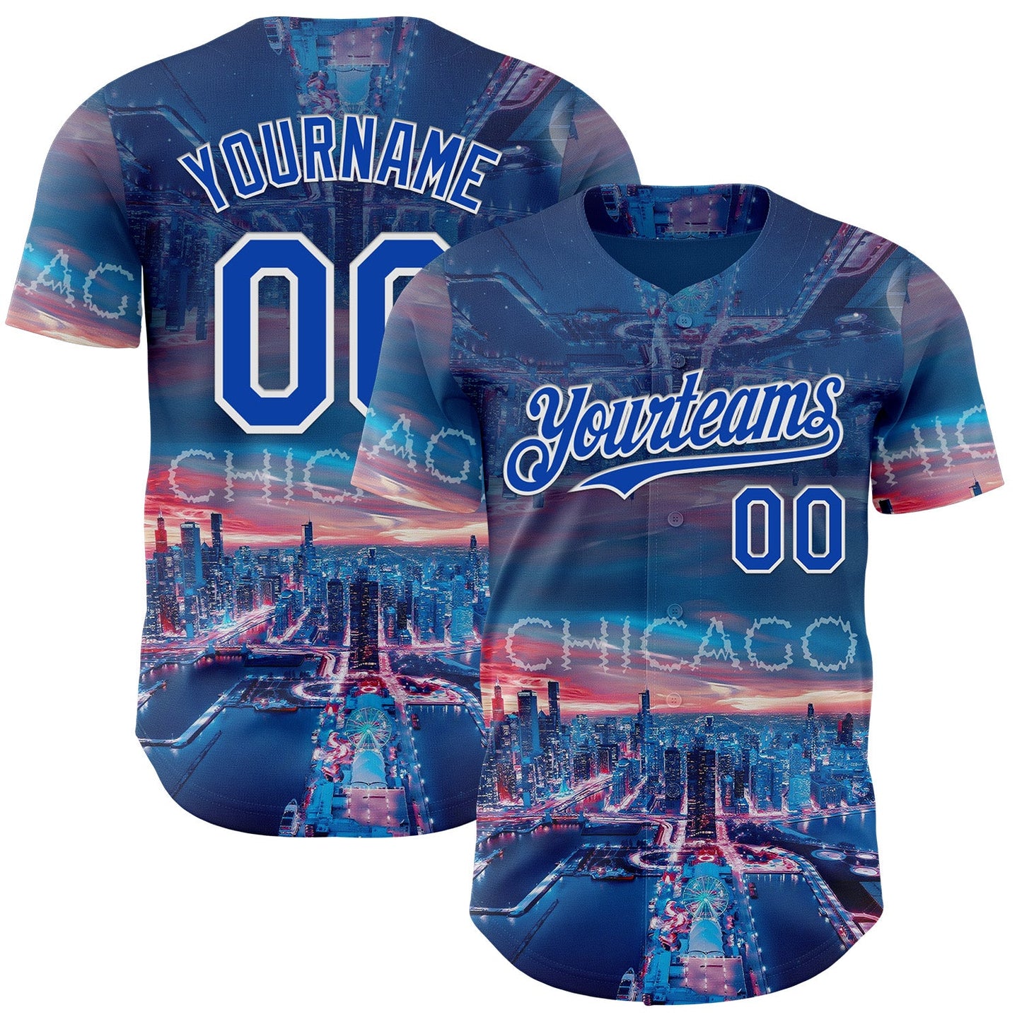 Custom Blue Thunder Blue-White Chicago Illinois Cityscape Skyline City Symbol Authentic Baseball Jersey - Main View