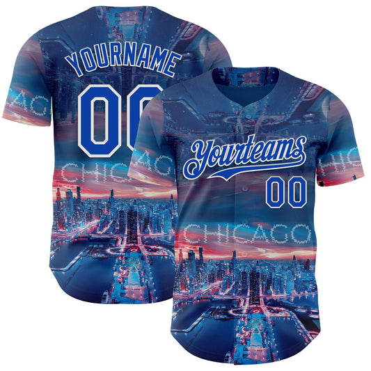 Custom Blue Thunder Blue-White Chicago Illinois Cityscape Skyline City Symbol Authentic Baseball Jersey - Main View