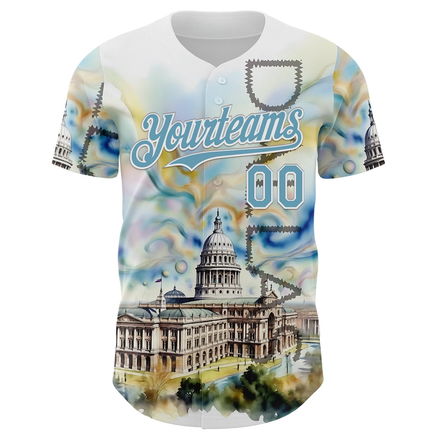 Custom White Shadow Blue Dallas Texas State Capitol Landmark City Symbol Authentic Baseball Jersey view 2
