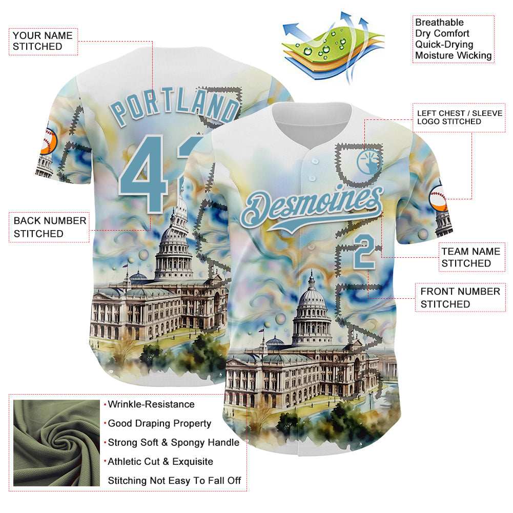 Custom White Shadow Blue Dallas Texas State Capitol Landmark City Symbol Authentic Baseball Jersey view 3