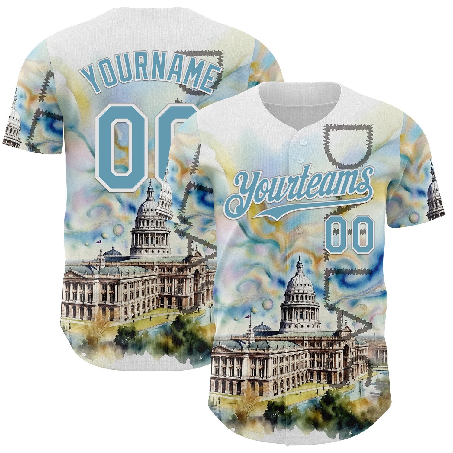 Custom White Shadow Blue Dallas Texas State Capitol Landmark City Symbol Authentic Baseball Jersey - Main View