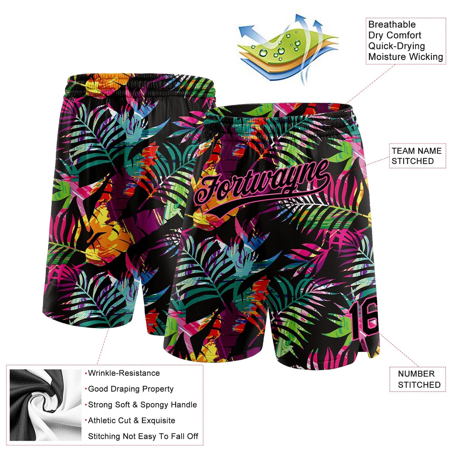 Custom Black Pink 3D Pattern Tropical Palm Leaves Authentic Basketball Shorts view 2