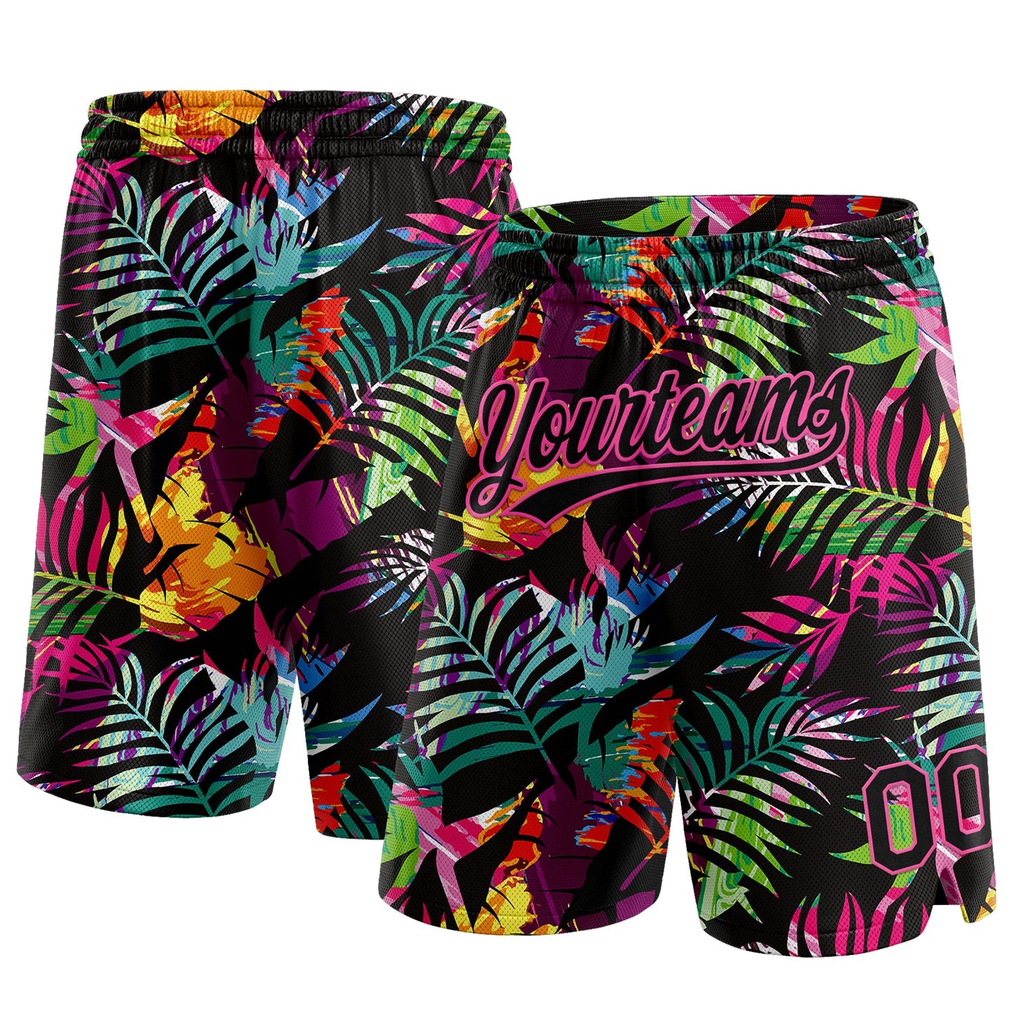 Custom Black Pink 3D Pattern Tropical Palm Leaves Authentic Basketball Shorts - Main View