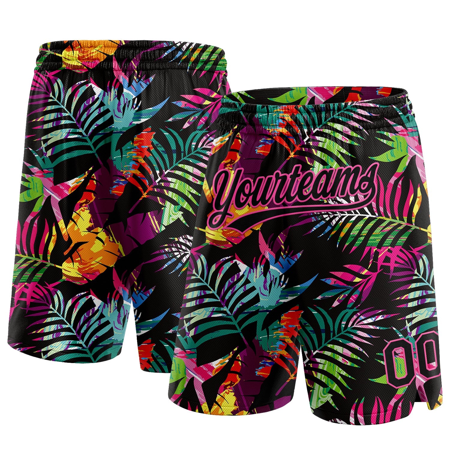 Custom Black Pink 3D Pattern Tropical Palm Leaves Authentic Basketball Shorts - Main View