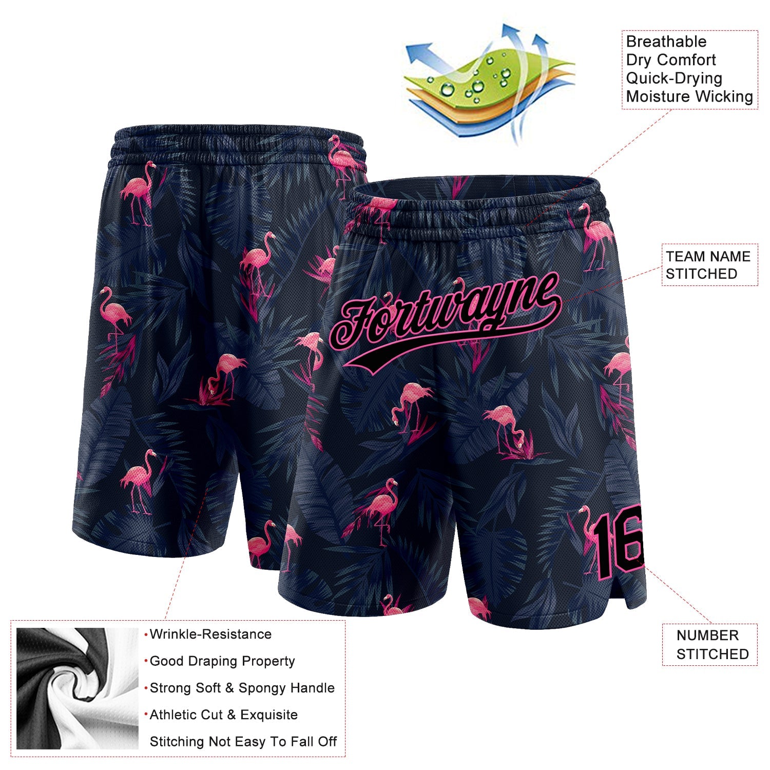 Custom Black Pink 3D Pattern Flamingo Authentic Basketball Shorts view 2