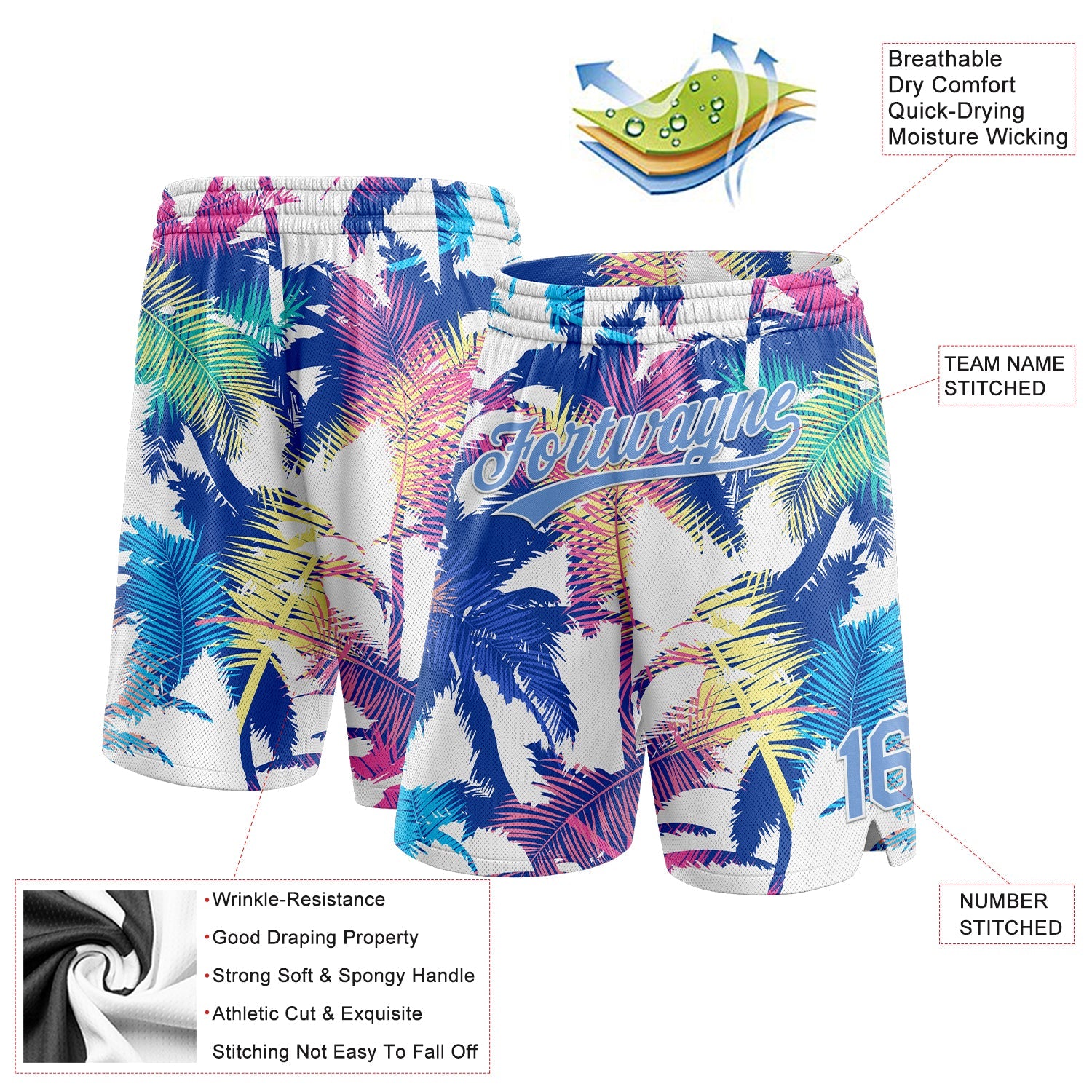 Custom White Light Blue 3D Pattern Hawaii Palm Trees Authentic Basketball Shorts view 2