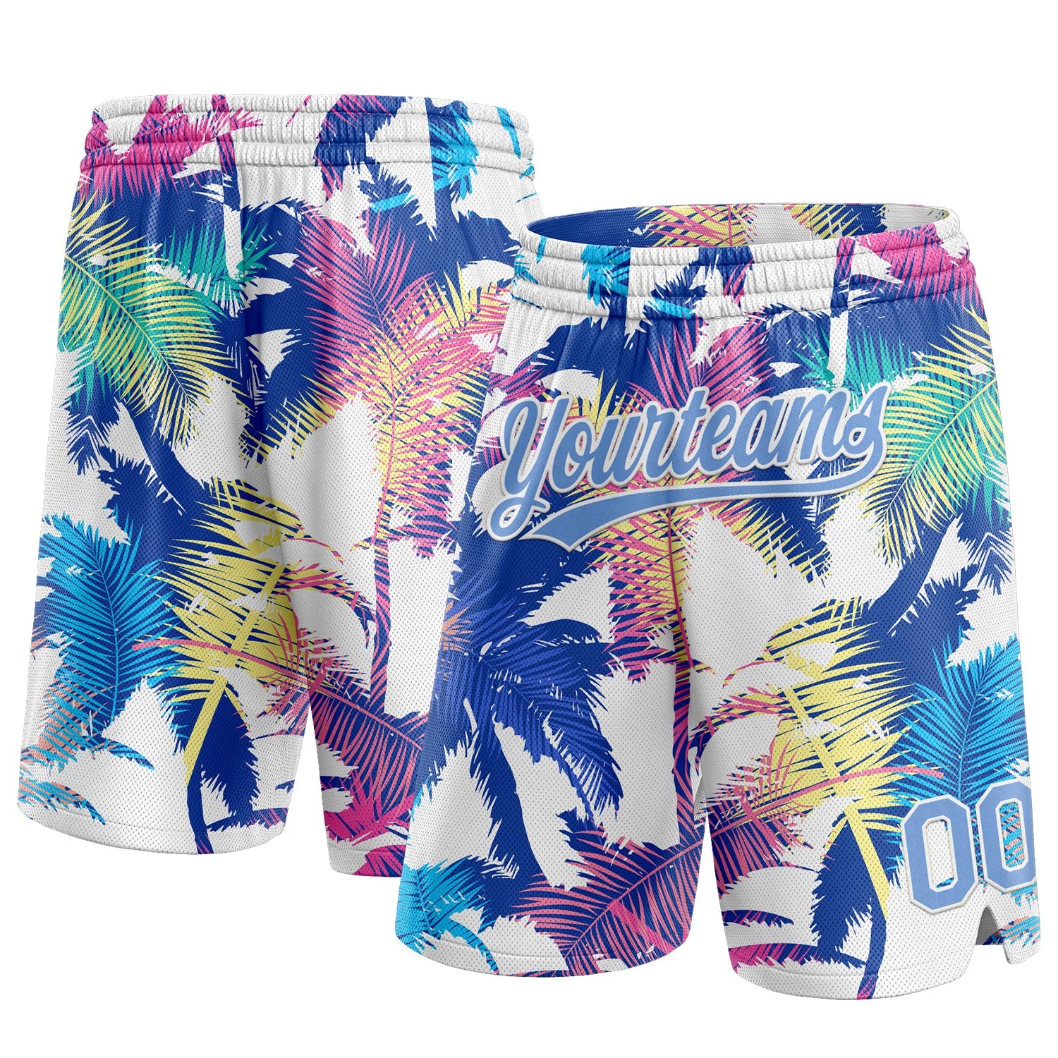 Custom White Light Blue 3D Pattern Hawaii Palm Trees Authentic Basketball Shorts - Main View