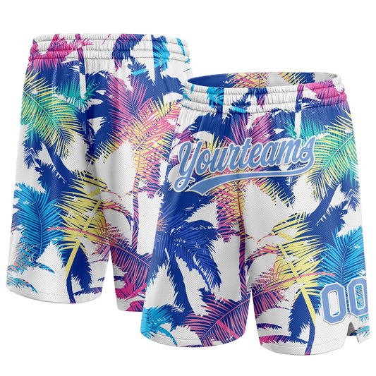 Custom White Light Blue 3D Pattern Hawaii Palm Trees Authentic Basketball Shorts - Main View