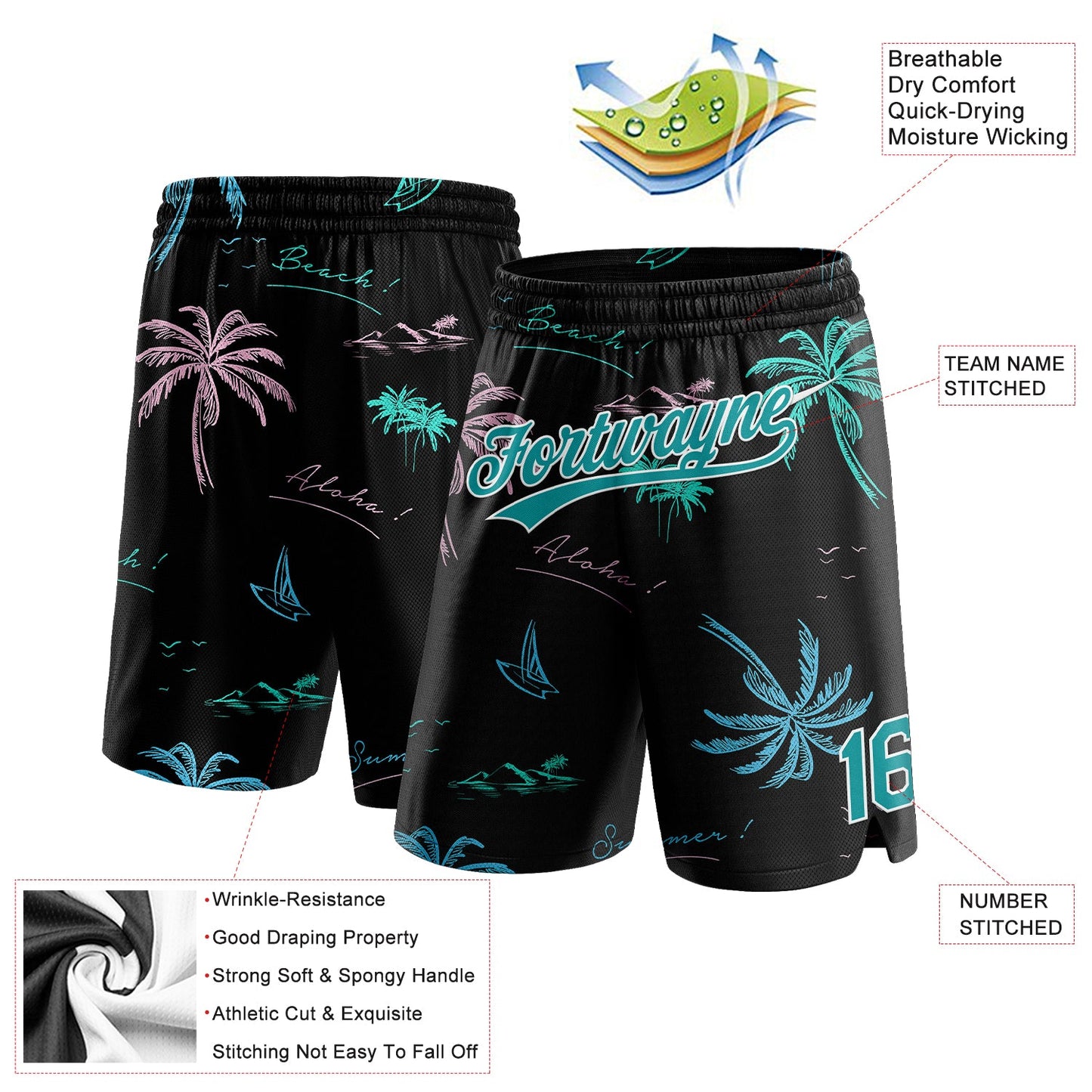 Custom Black Teal-White 3D Pattern Hawaii Palm Trees Authentic Basketball Shorts view 2