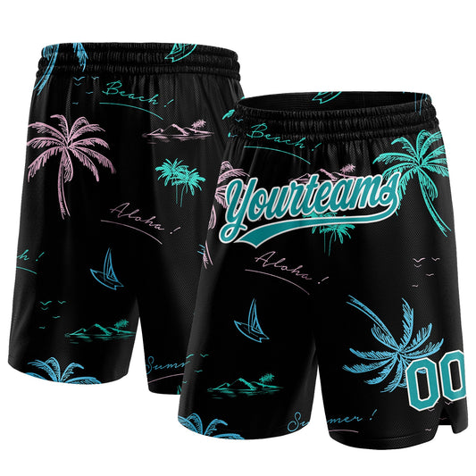 Custom Black Teal-White 3D Pattern Hawaii Palm Trees Authentic Basketball Shorts - Main View