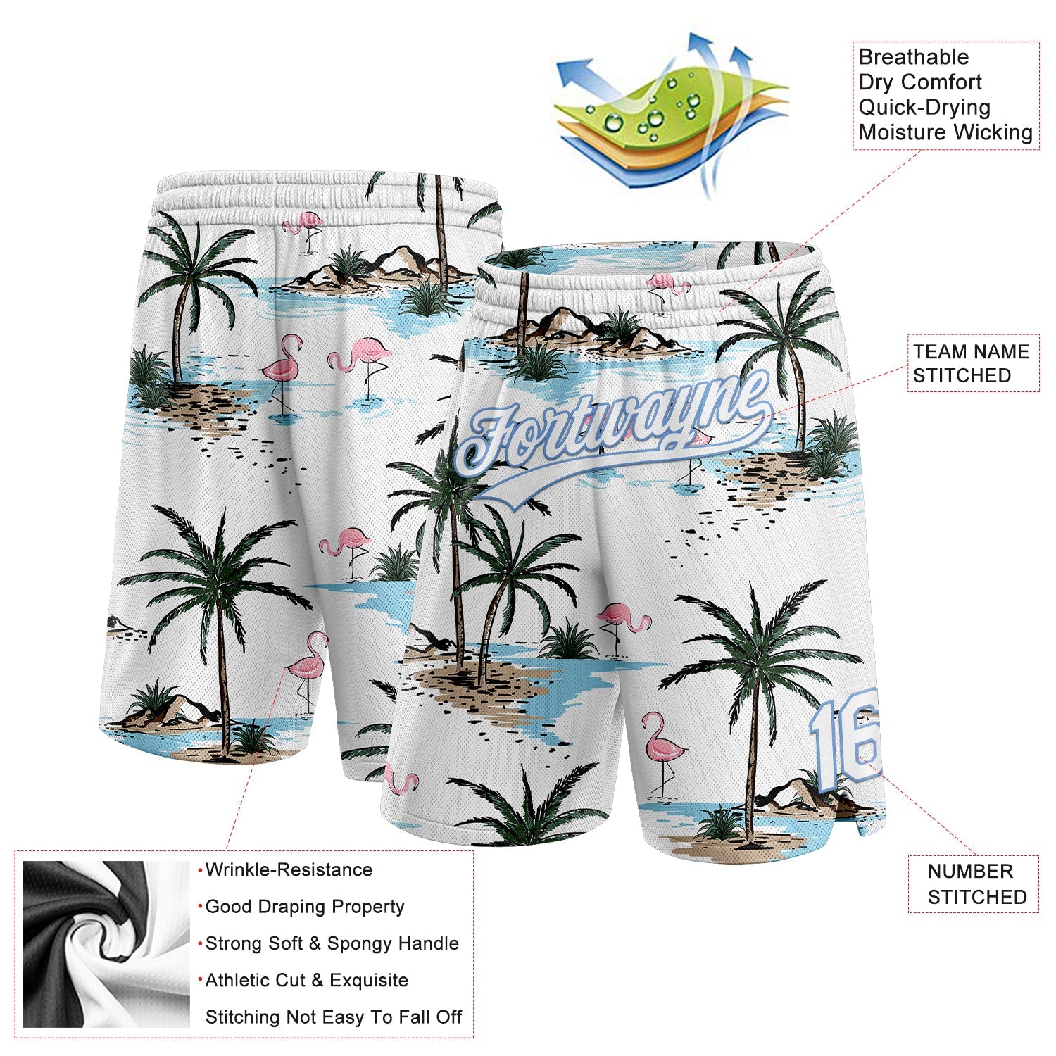Custom White Light Blue 3D Pattern Hawaii Palm Trees Authentic Basketball Shorts view 2