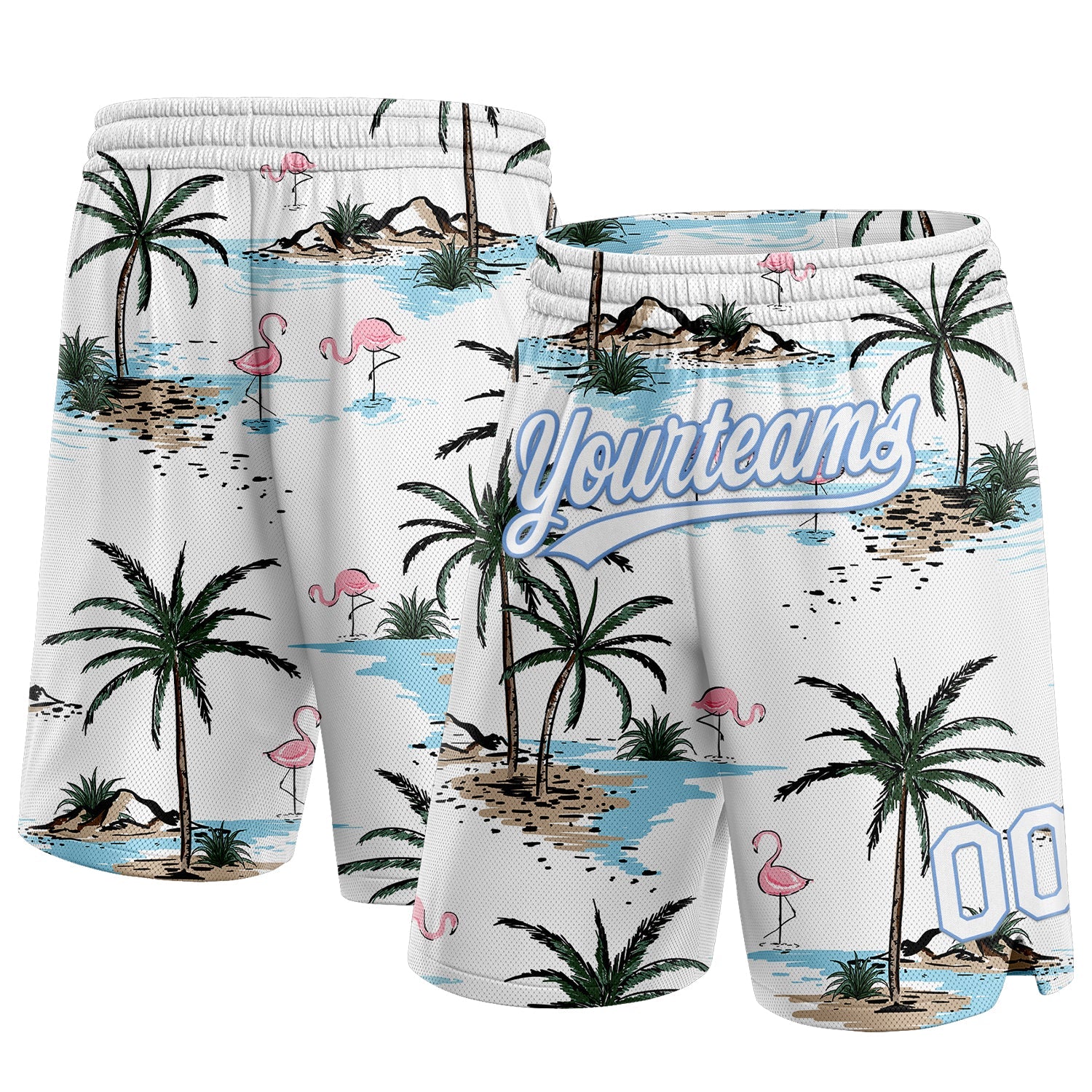 Custom White Light Blue 3D Pattern Hawaii Palm Trees Authentic Basketball Shorts - Main View