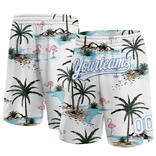 Custom White Light Blue 3D Pattern Hawaii Palm Trees Authentic Basketball Shorts - Main View