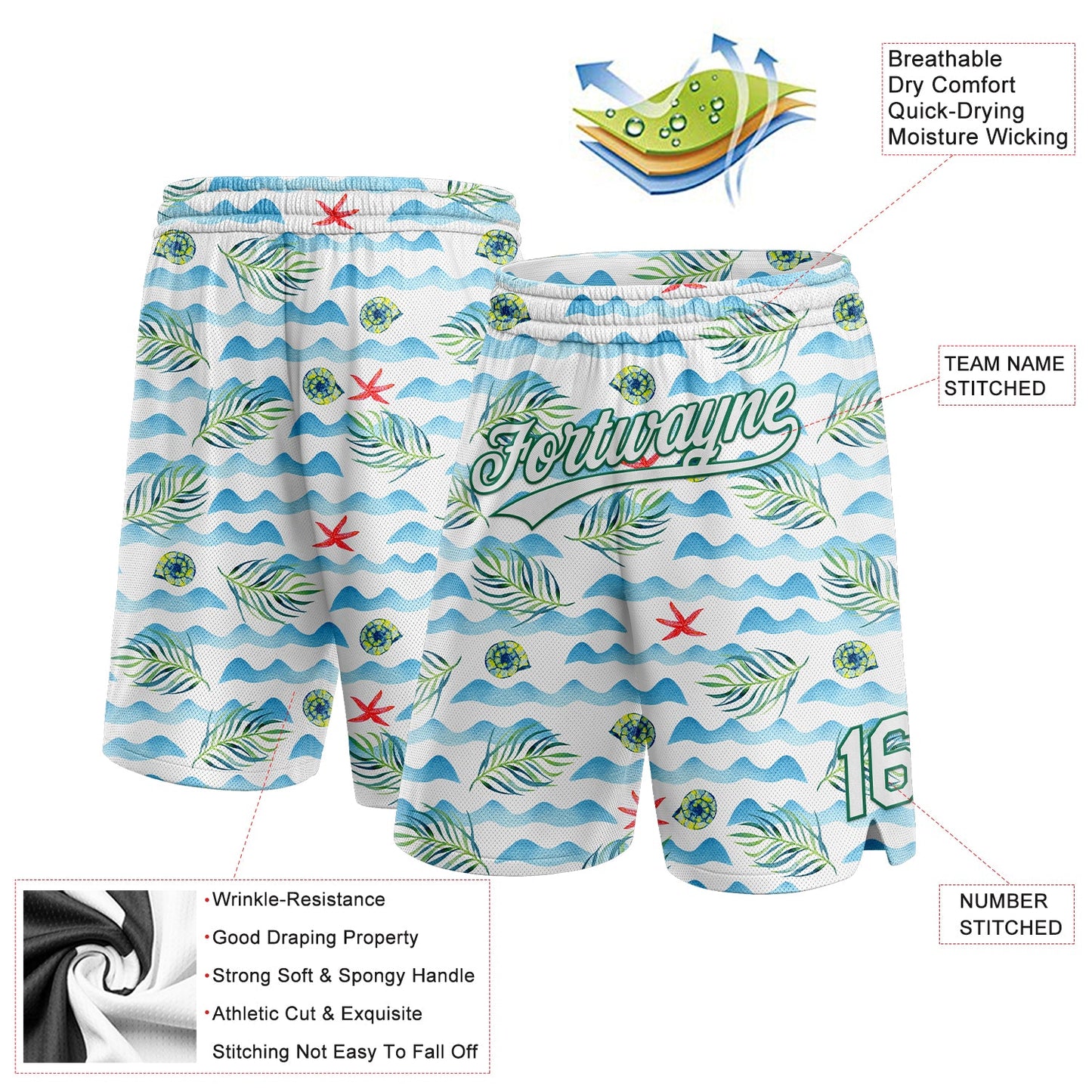 Custom White Kelly Green 3D Pattern Beach Holiday Style Authentic Basketball Shorts view 2