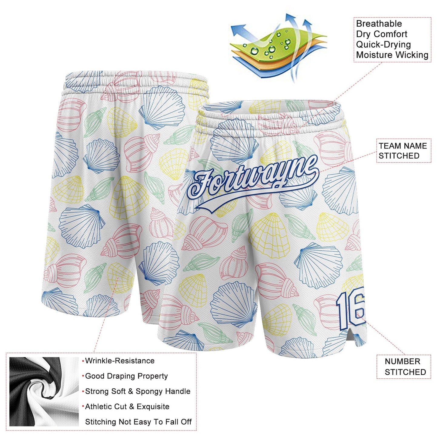 Custom White Royal 3D Pattern Sea Shells Authentic Basketball Shorts view 2