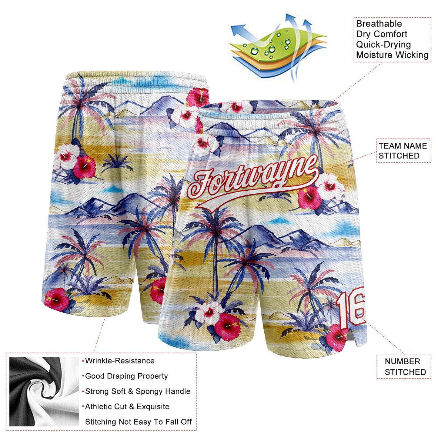Custom White Red 3D Pattern Tropical Hawaii Palm Trees Authentic Basketball Shorts view 2
