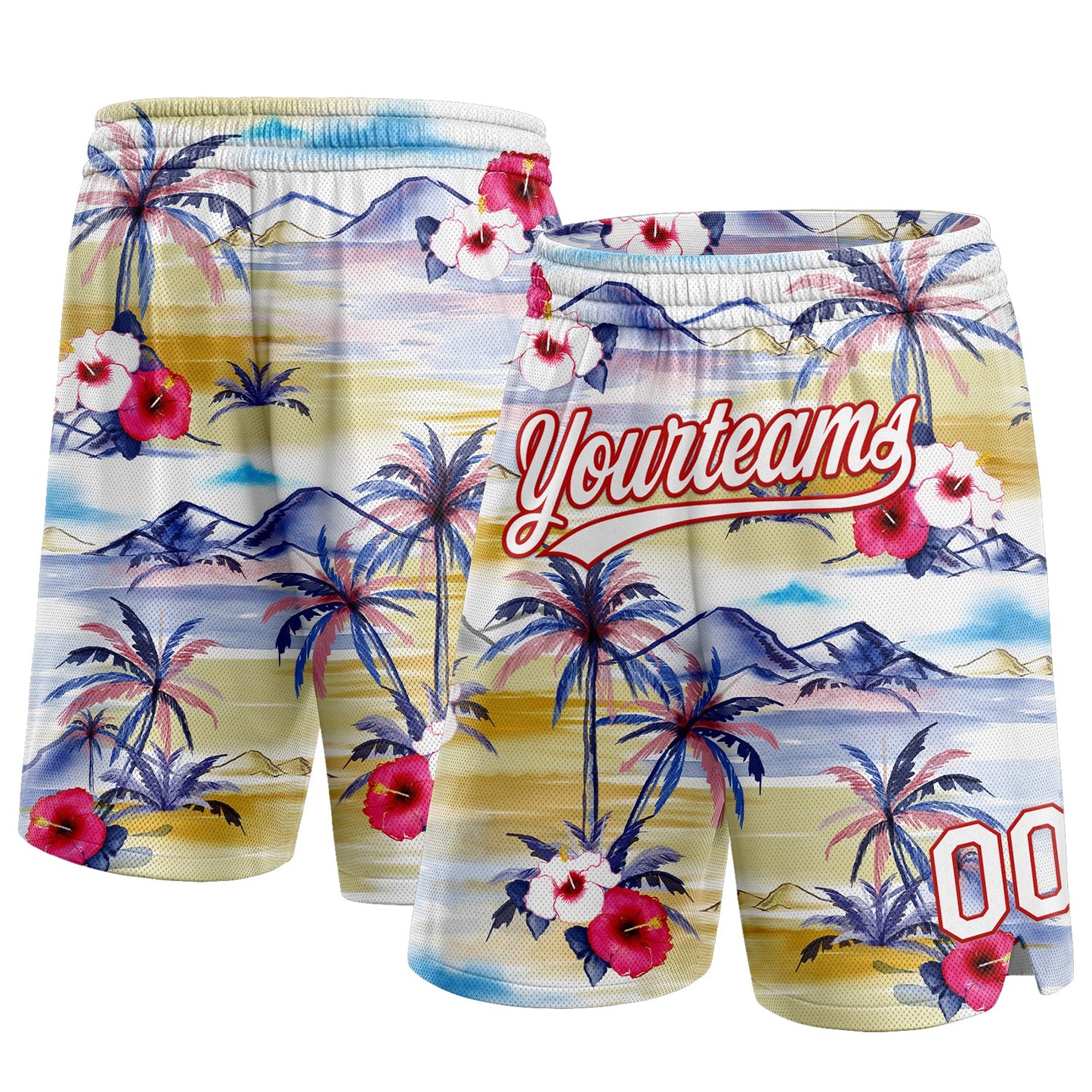 Custom White Red 3D Pattern Tropical Hawaii Palm Trees Authentic Basketball Shorts - Main View