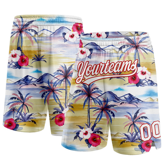 Custom White Red 3D Pattern Tropical Hawaii Palm Trees Authentic Basketball Shorts - Main View
