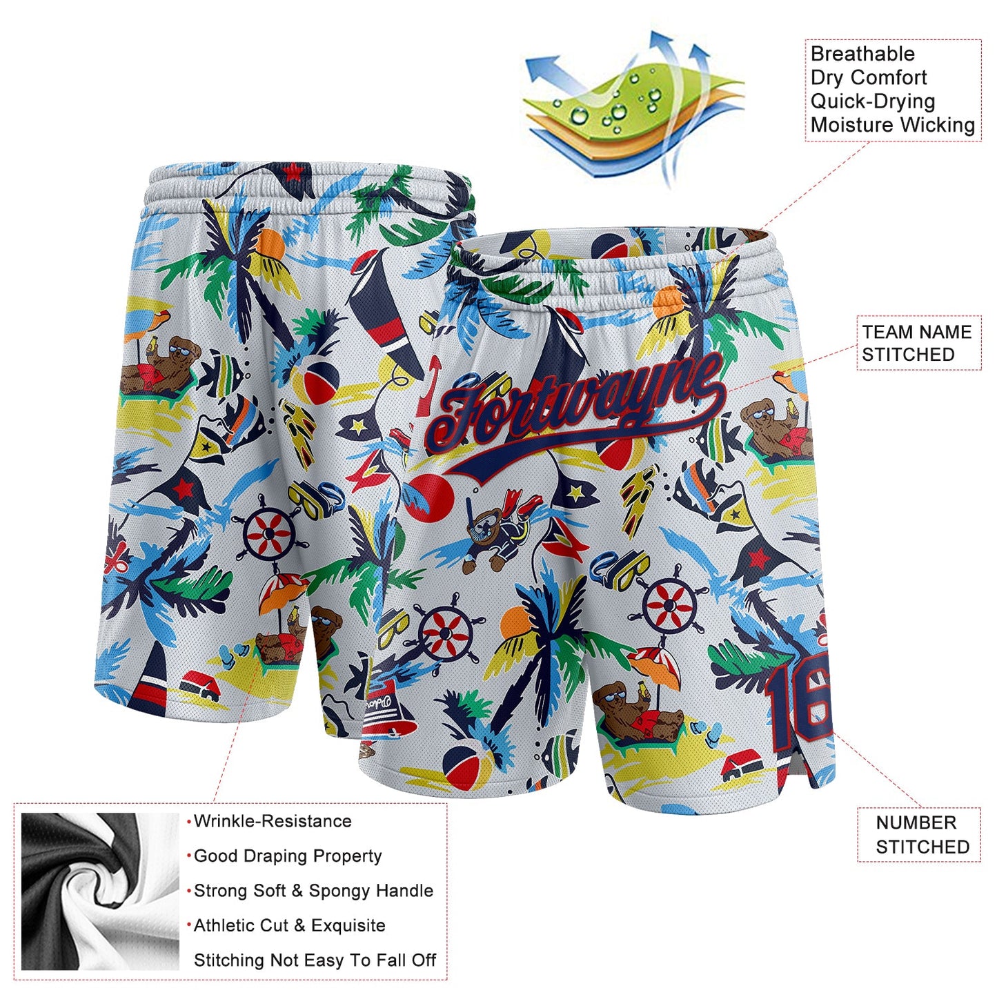 Custom White Navy-Red 3D Pattern Beach Hawaii Palm Trees Authentic Basketball Shorts view 2
