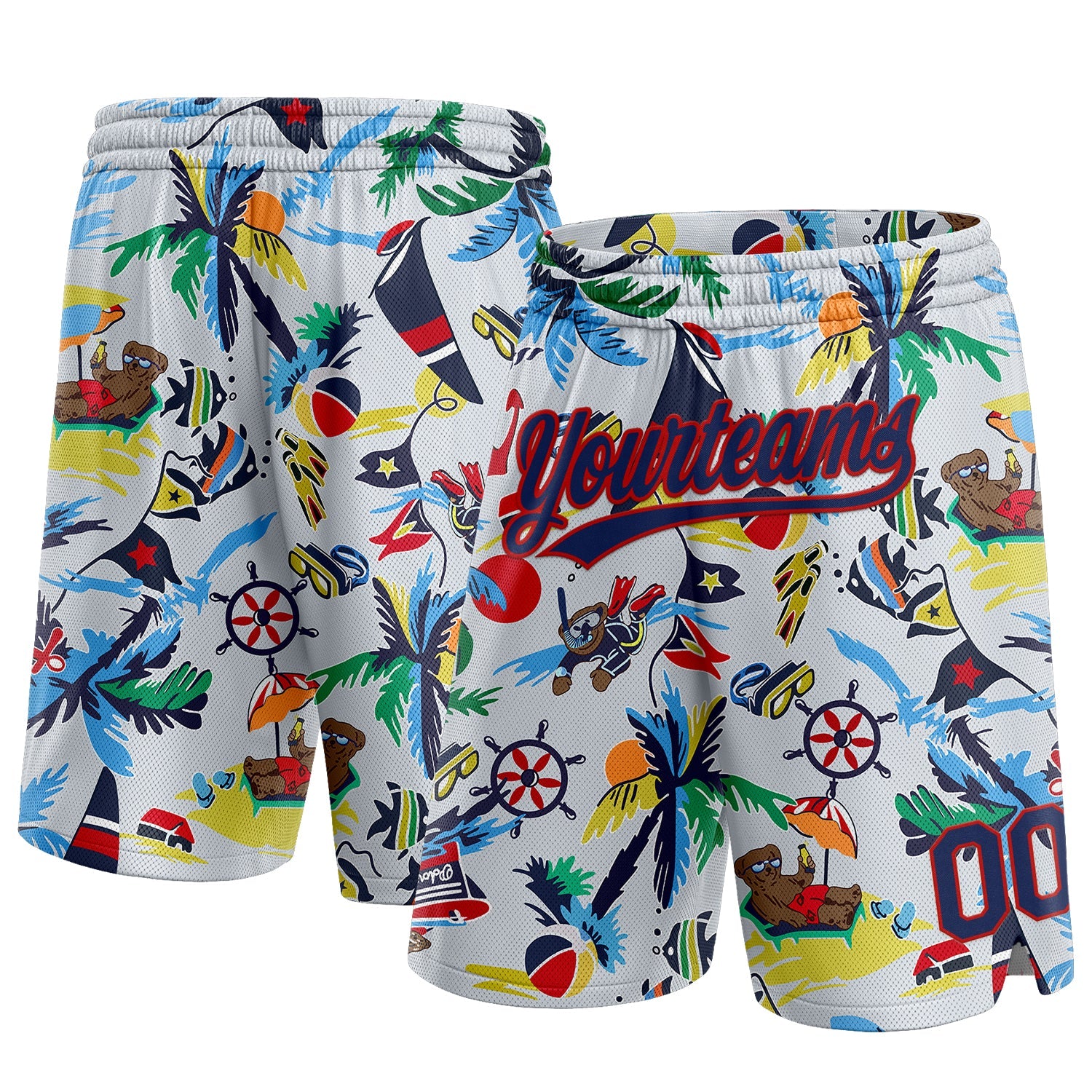 Custom White Navy-Red 3D Pattern Beach Hawaii Palm Trees Authentic Basketball Shorts - Main View