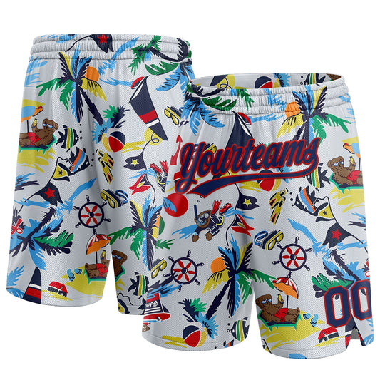 Custom White Navy-Red 3D Pattern Beach Hawaii Palm Trees Authentic Basketball Shorts - Main View