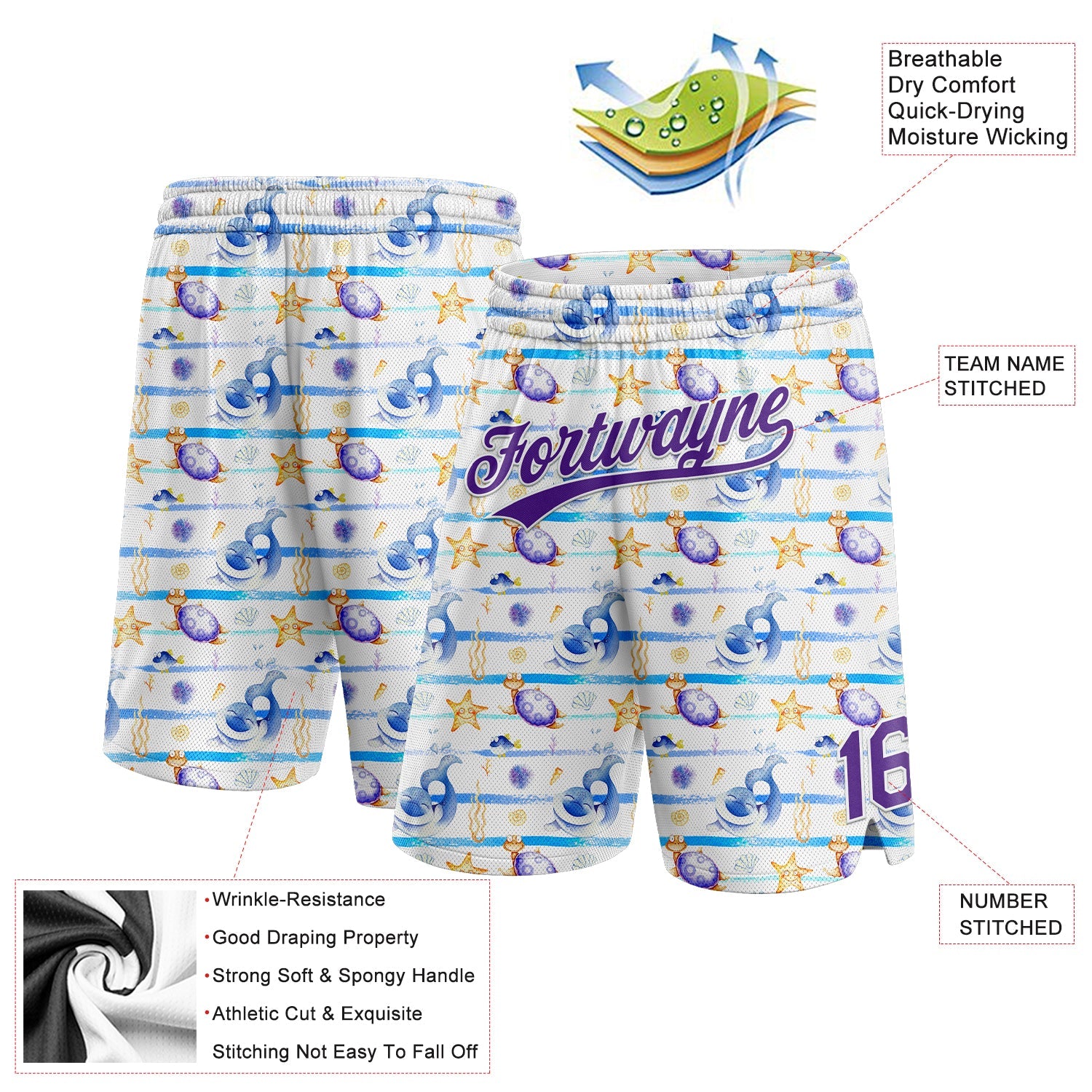 Custom White Purple 3D Pattern Starfishs And Sea Wave Authentic Basketball Shorts view 2