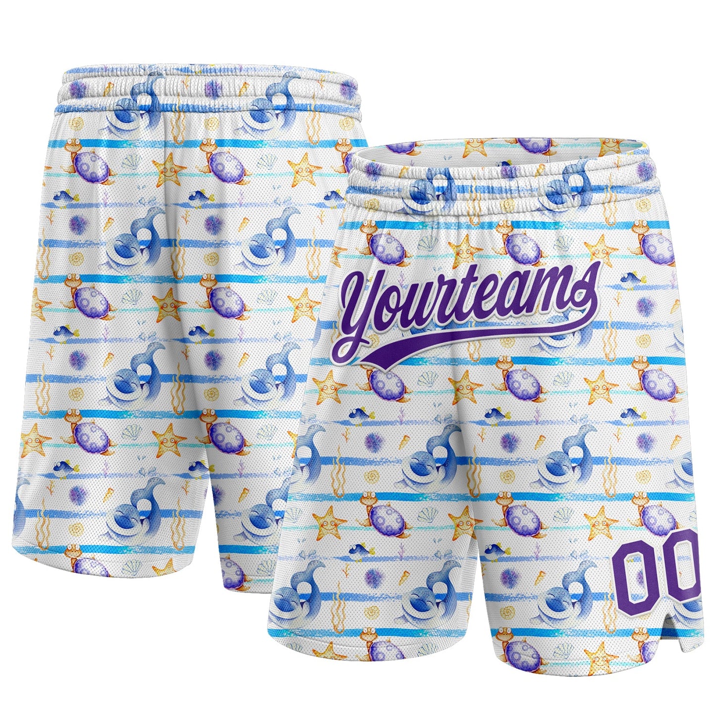 Custom White Purple 3D Pattern Starfishs And Sea Wave Authentic Basketball Shorts - Main View