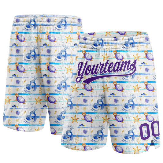 Custom White Purple 3D Pattern Starfishs And Sea Wave Authentic Basketball Shorts - Main View