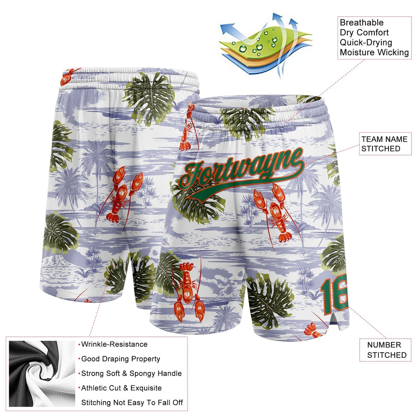 Custom White Kelly Green-Orange 3D Pattern Tropical Beach Hawaii Palm Trees Authentic Basketball Shorts view 2