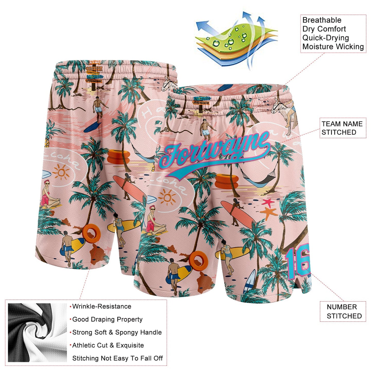 Custom Light Pink Lakes Blue-Pink 3D Pattern Beach Hawaii Holiday Style Authentic Basketball Shorts view 2