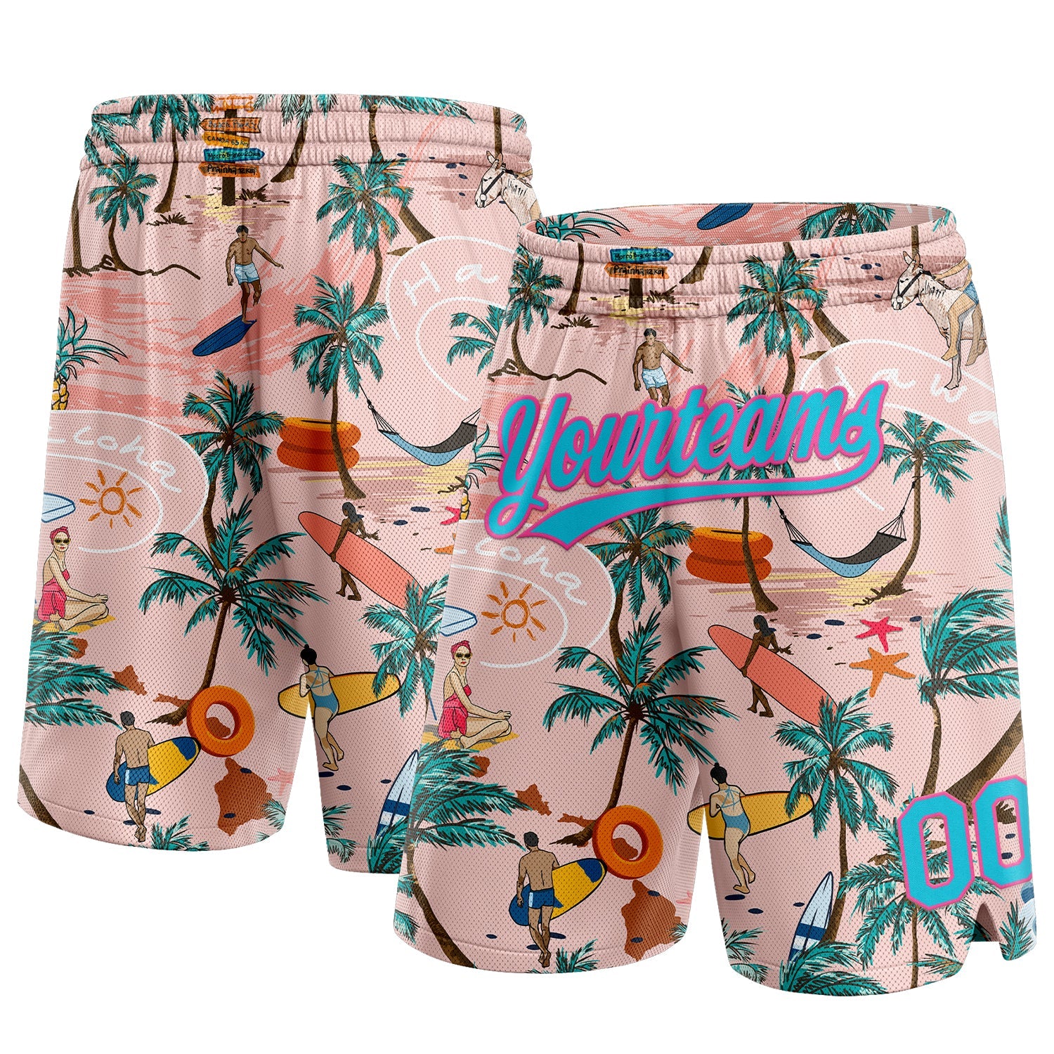 Custom Light Pink Lakes Blue-Pink 3D Pattern Beach Hawaii Holiday Style Authentic Basketball Shorts - Main View