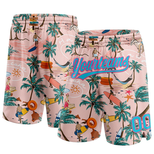 Custom Light Pink Lakes Blue-Pink 3D Pattern Beach Hawaii Holiday Style Authentic Basketball Shorts - Main View