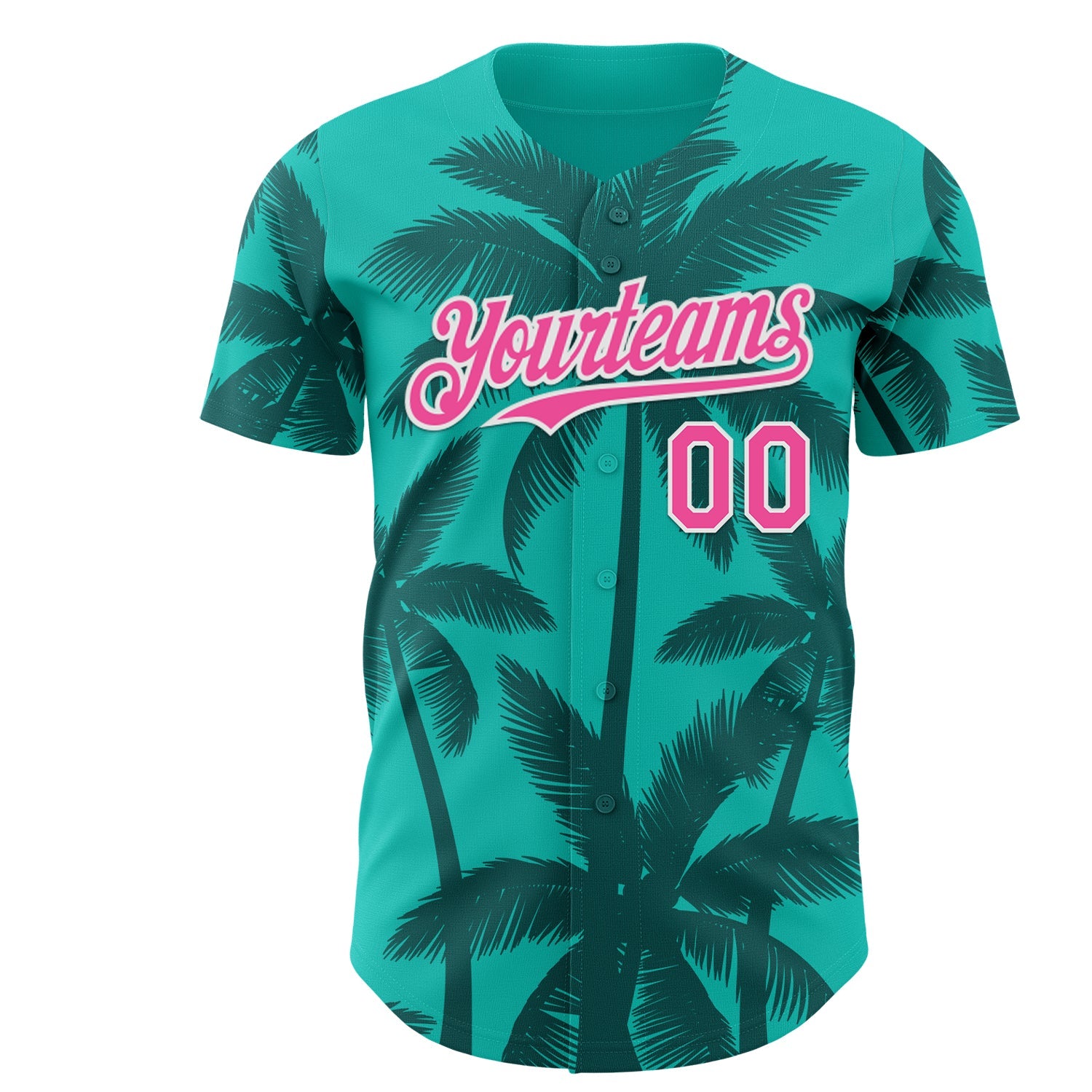 Custom Aqua Pink Teal-White Tropical Hawaii Palm Trees Authentic Baseball Jersey view 2