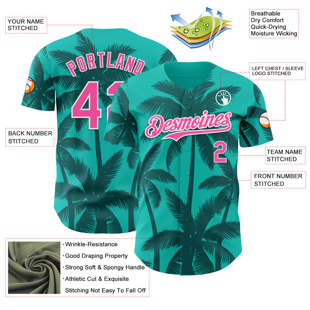 Custom Aqua Pink Teal-White Tropical Hawaii Palm Trees Authentic Baseball Jersey view 3