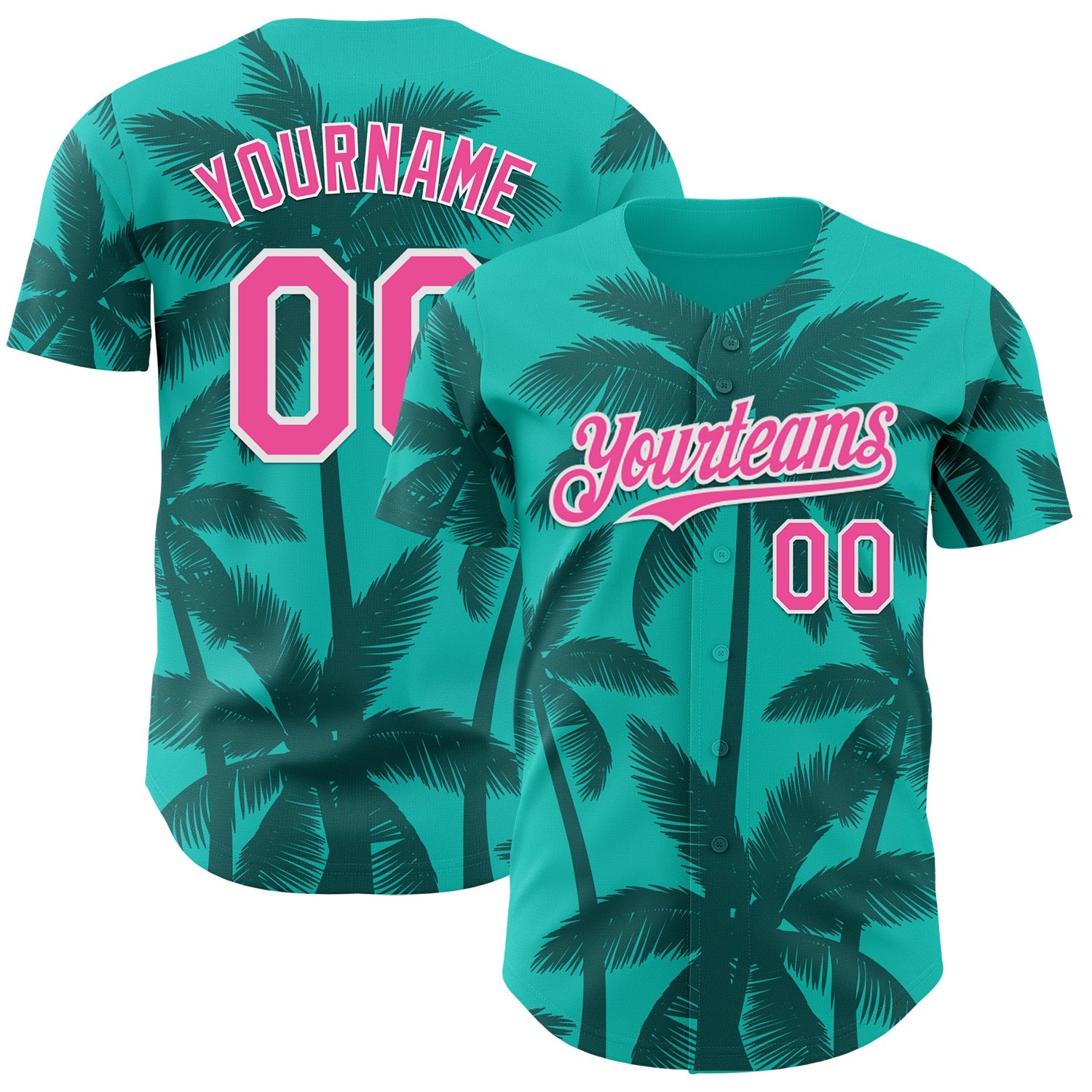 Custom Aqua Pink Teal-White Tropical Hawaii Palm Trees Authentic Baseball Jersey - Main View