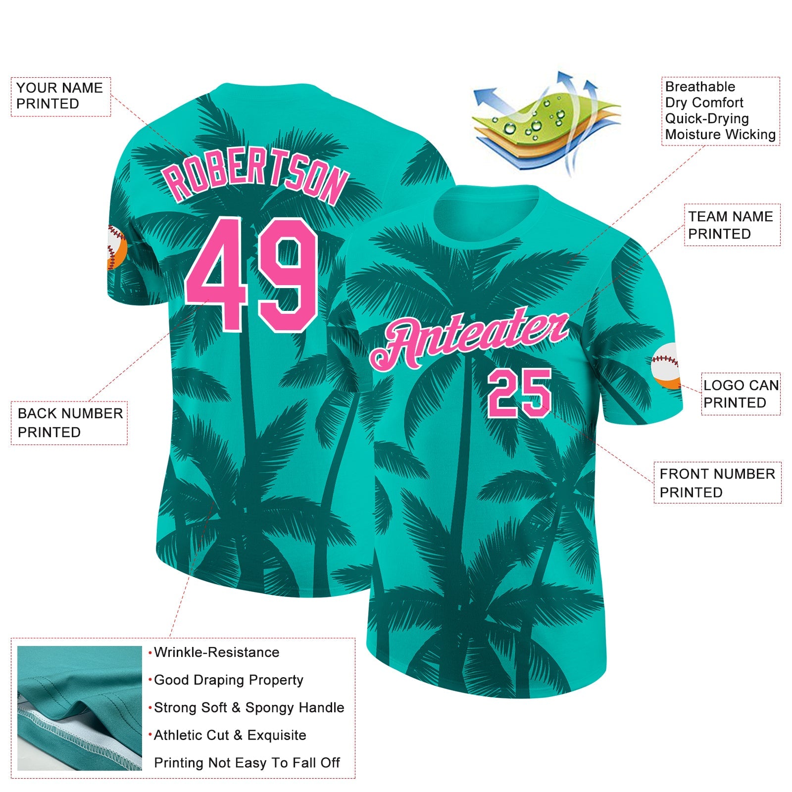 Custom Aqua Pink Teal-White Tropical Hawaii Palm Trees Performance T-Shirt view 2