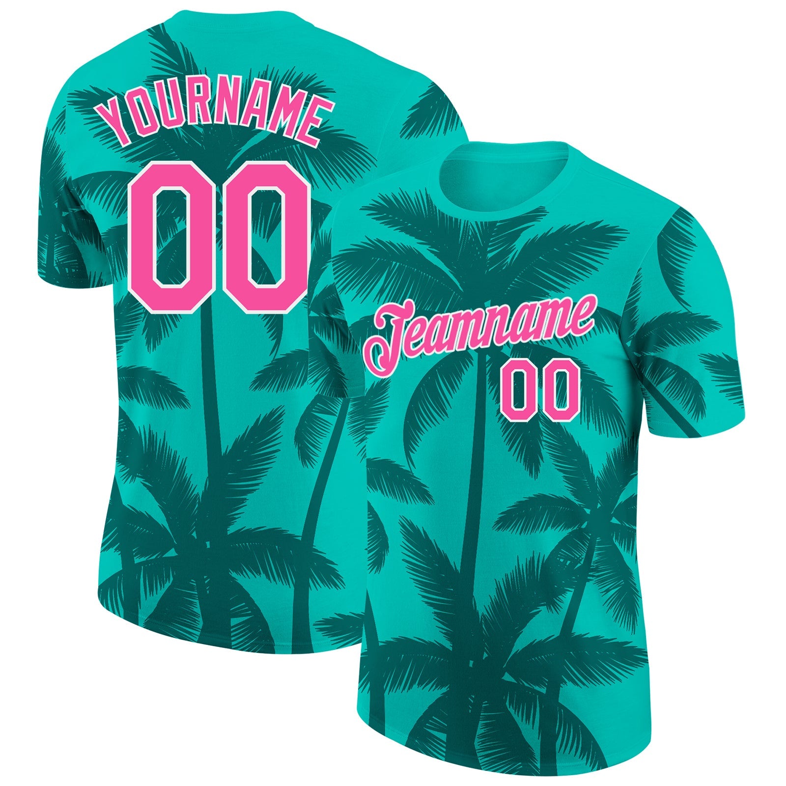Custom Aqua Pink Teal-White Tropical Hawaii Palm Trees Performance T-Shirt - Main View