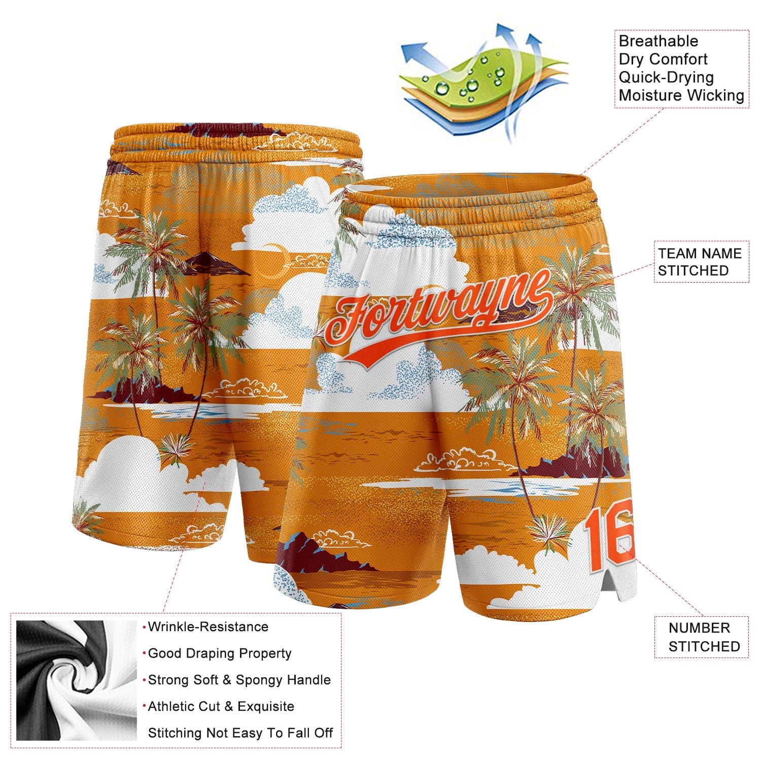Custom Orange White 3D Pattern Palm Trees And Clouds Authentic Basketball Shorts view 2