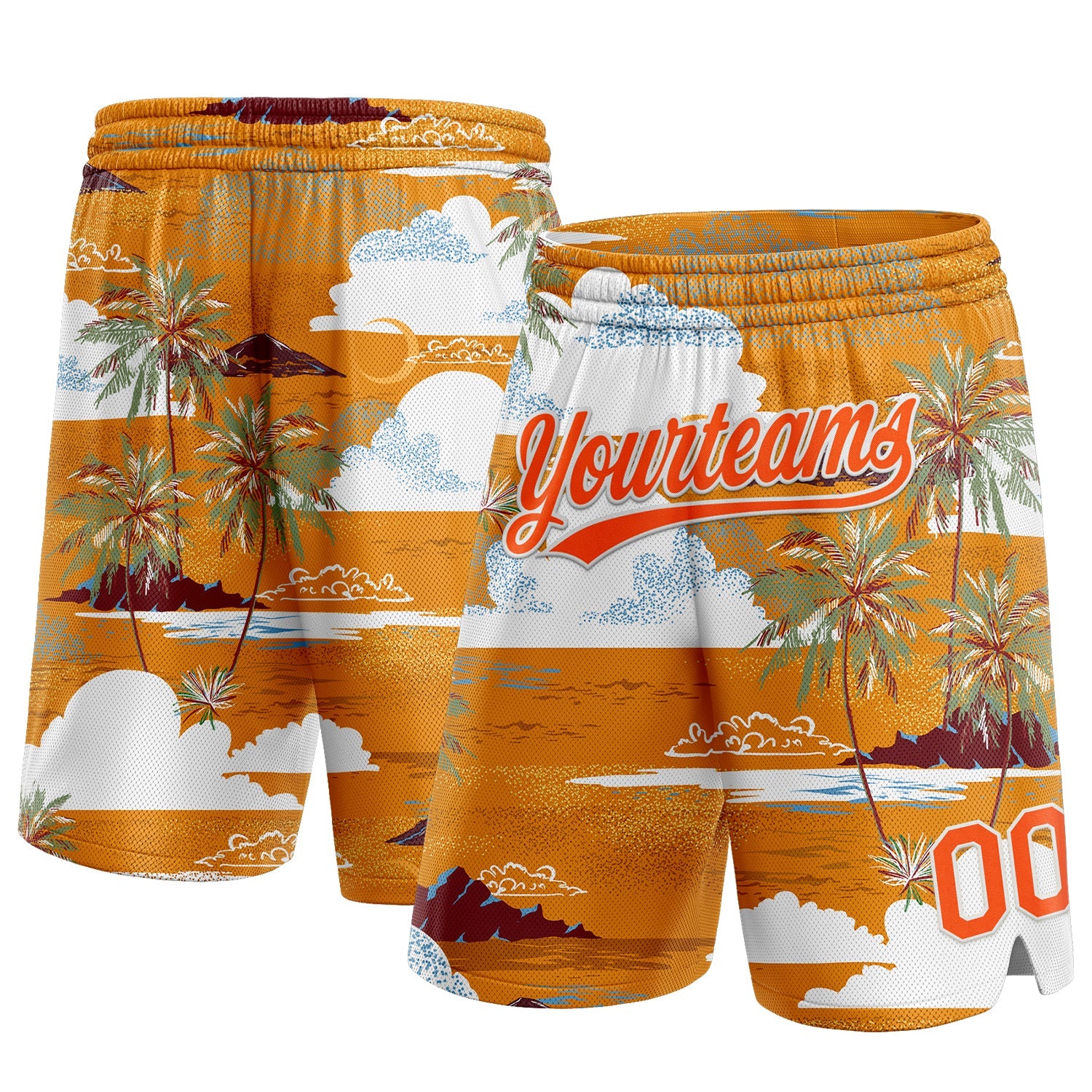 Custom Orange White 3D Pattern Palm Trees And Clouds Authentic Basketball Shorts - Main View
