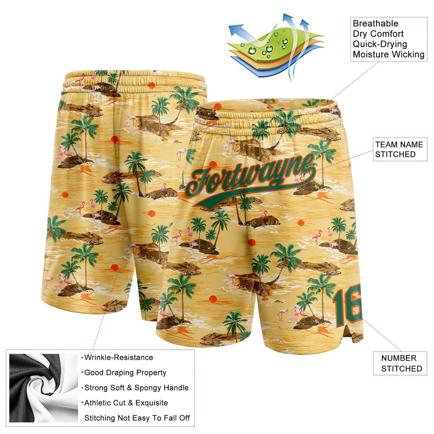 Custom Yellow Kelly Green-Orange 3D Pattern Hawaii Palm Trees And Flamingo Authentic Basketball Shorts view 2