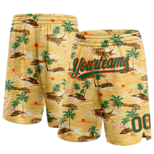 Custom Yellow Kelly Green-Orange 3D Pattern Hawaii Palm Trees And Flamingo Authentic Basketball Shorts - Main View