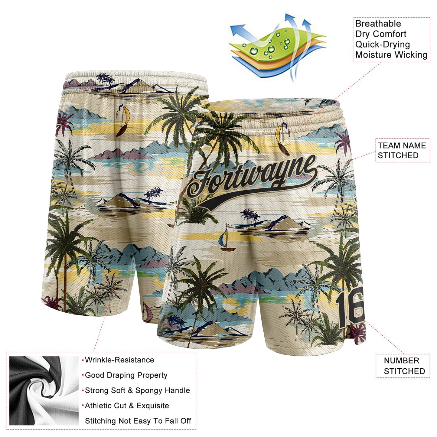 Custom Cream Black 3D Pattern Hawaii Palm Trees And Island Authentic Basketball Shorts view 2