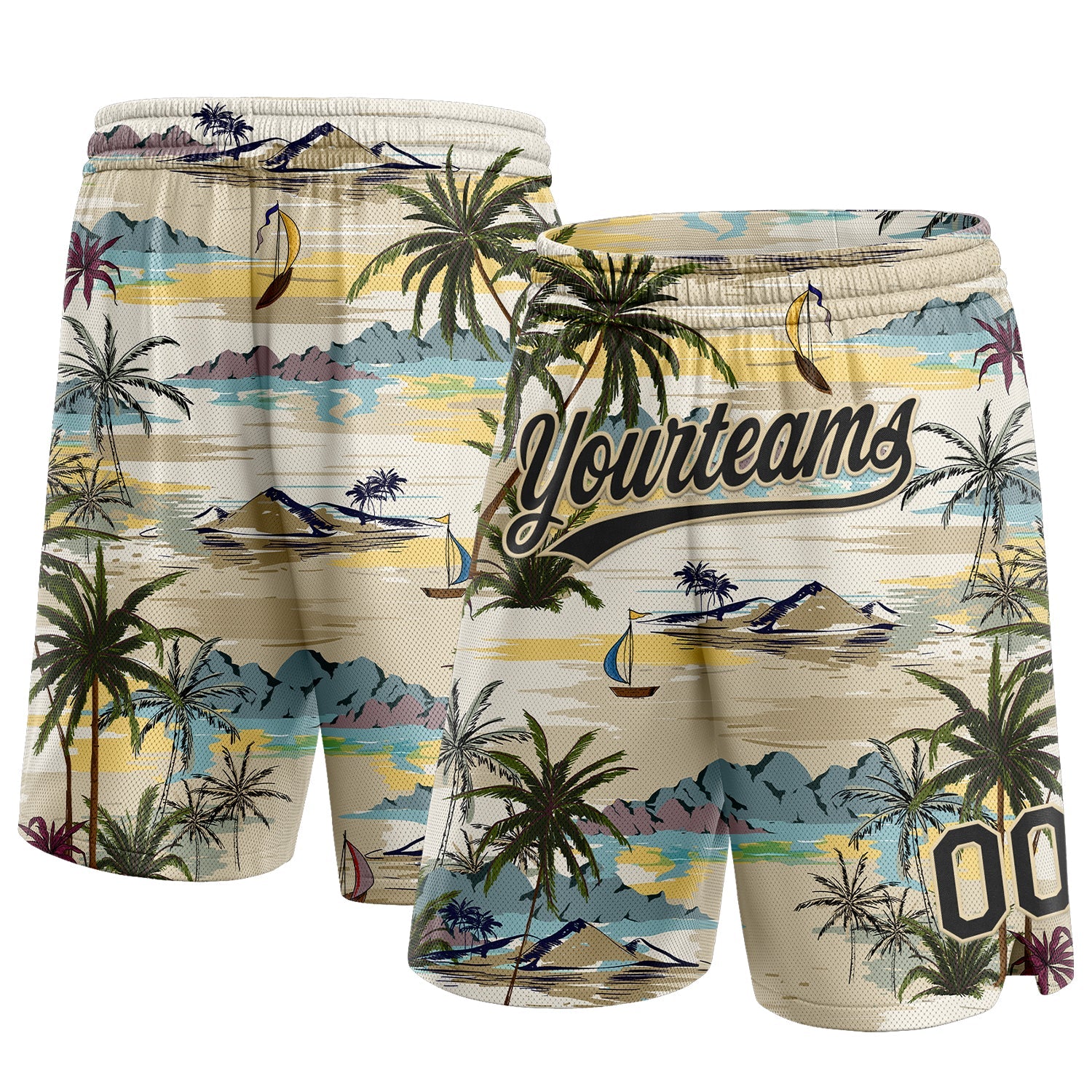 Custom Cream Black 3D Pattern Hawaii Palm Trees And Island Authentic Basketball Shorts - Main View