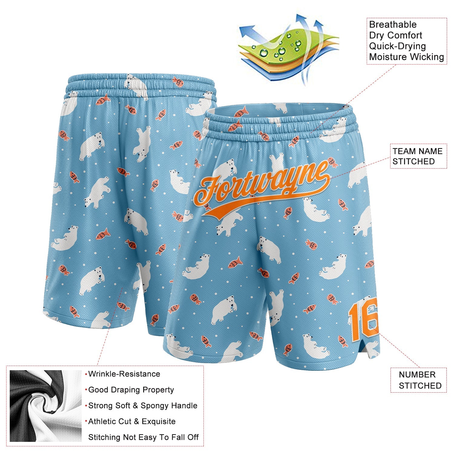 Custom Light Blue Bay Orange-White 3D Pattern Polar Bear And Fish Authentic Basketball Shorts view 2