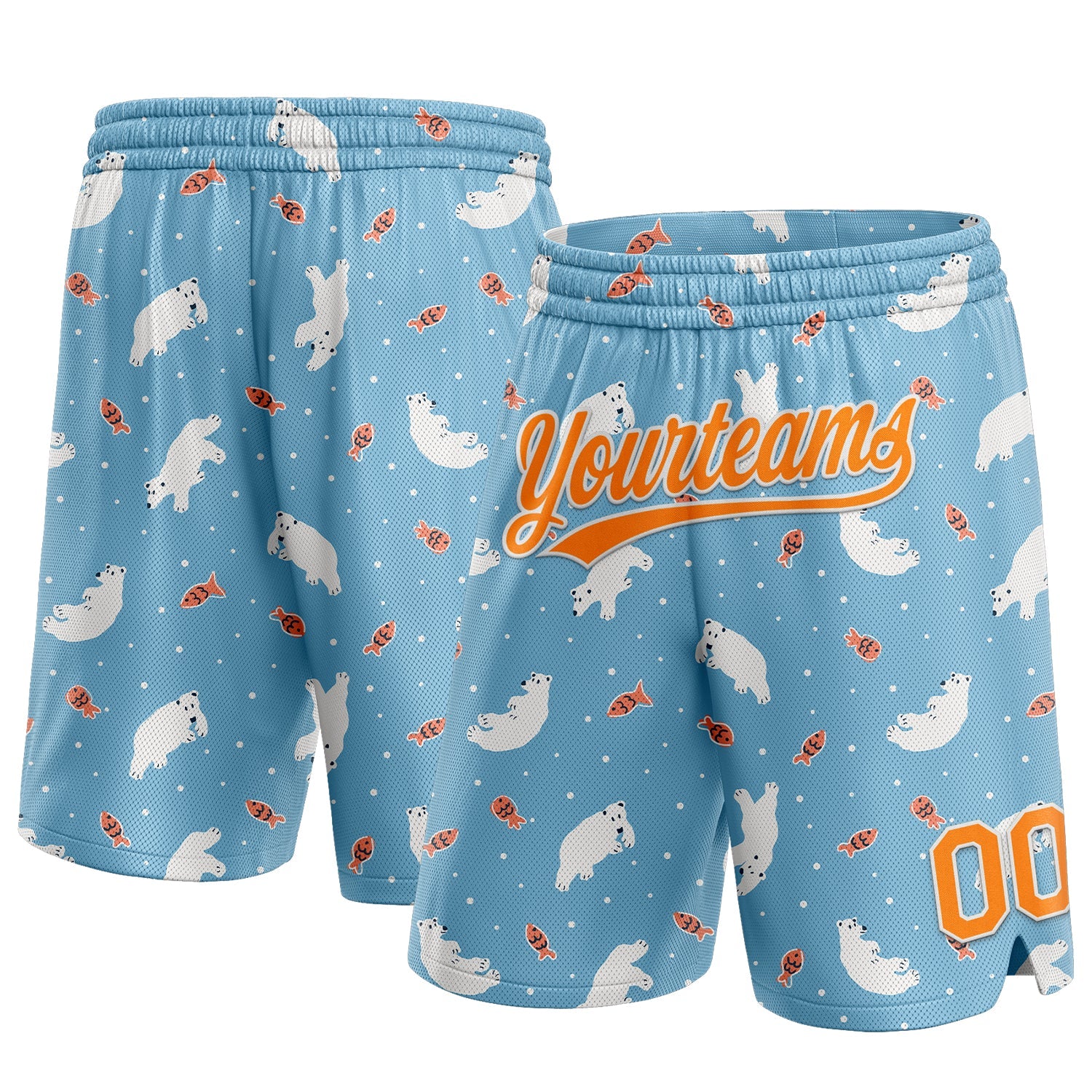 Custom Light Blue Bay Orange-White 3D Pattern Polar Bear And Fish Authentic Basketball Shorts - Main View