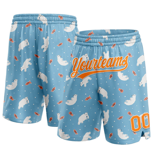 Custom Light Blue Bay Orange-White 3D Pattern Polar Bear And Fish Authentic Basketball Shorts - Main View